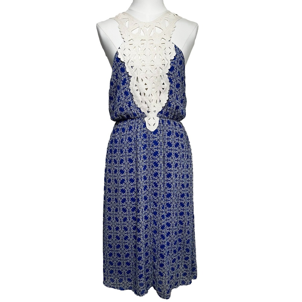 Band of Gypsies Midi Dress Womens S Blue White Geometric Crochet Lace DR5572F‎
